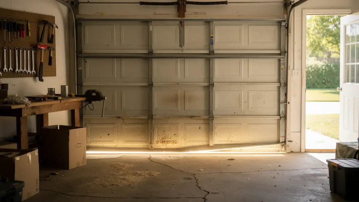 The garage door is partially open, with sunlight streaming into the garage.