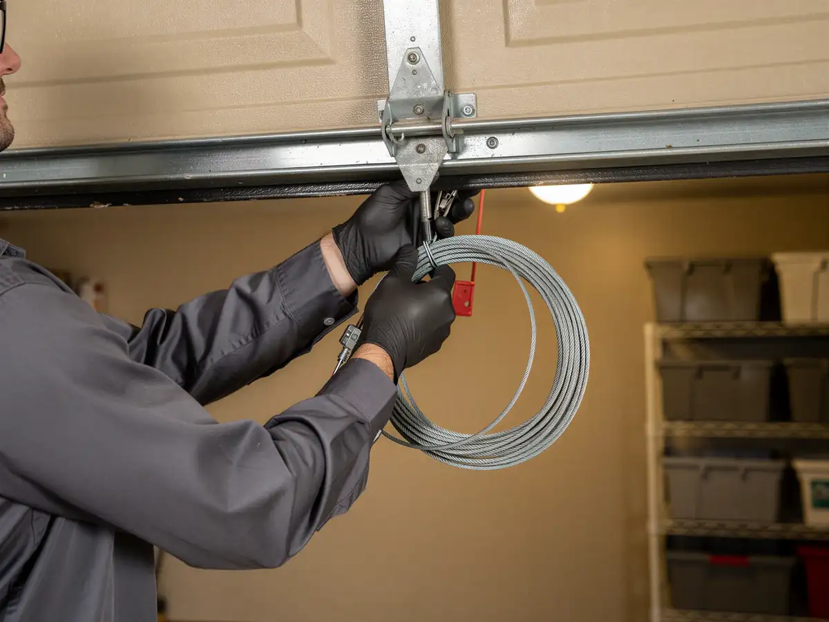 A technician in black gloves holds a coiled garage door cable.