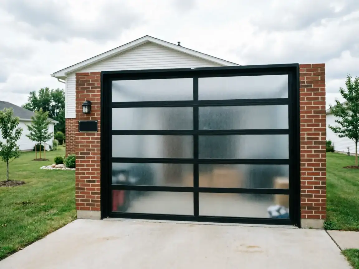 A modern garage door with frosted glass panels is set in a brick wall.