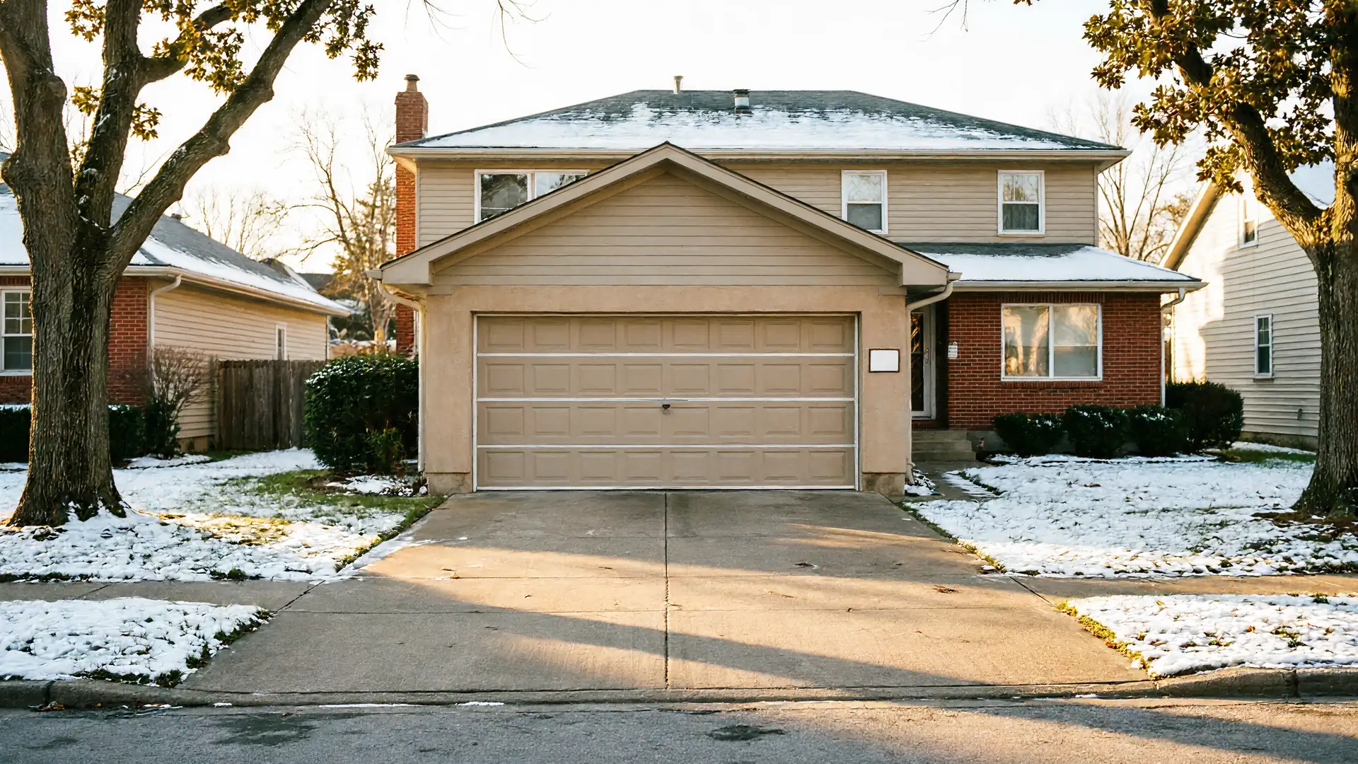 A two-story house with a tan garage door and snow on the roof and lawn.