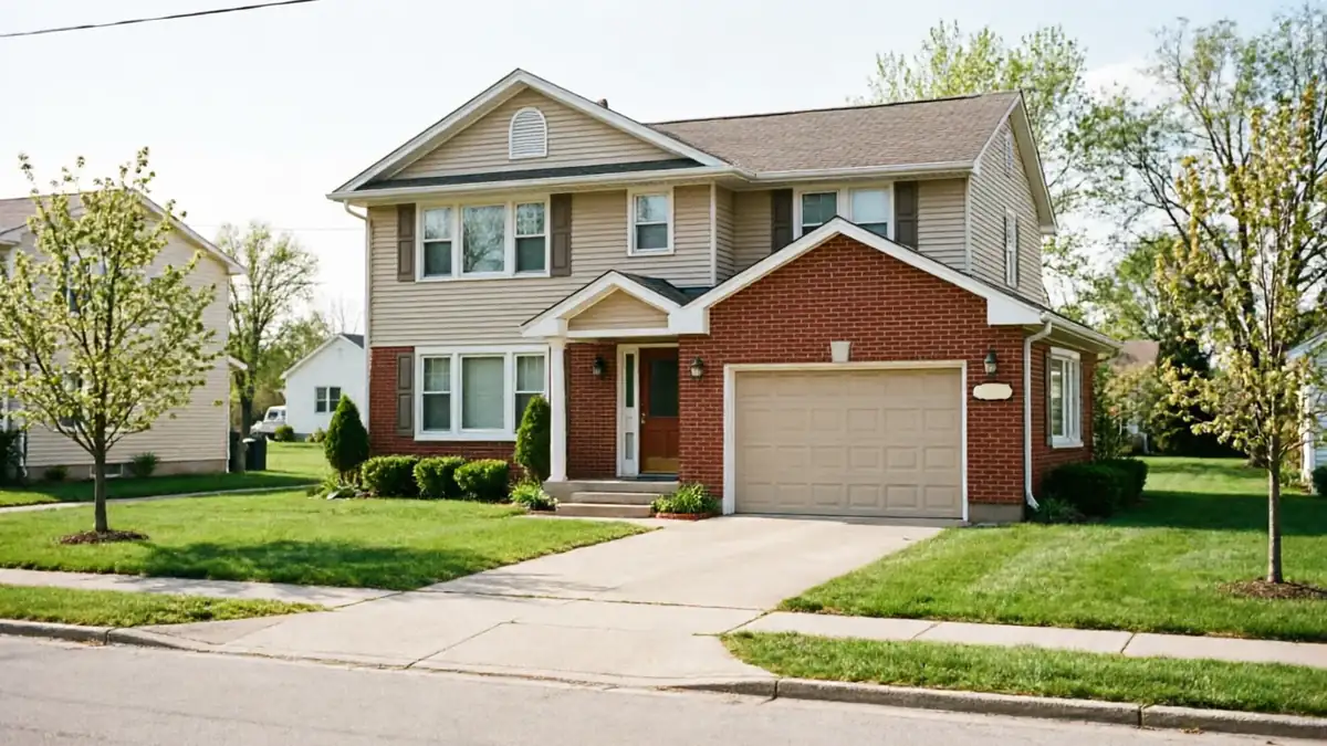 The house has a beige garage door, red brick, and beige siding.