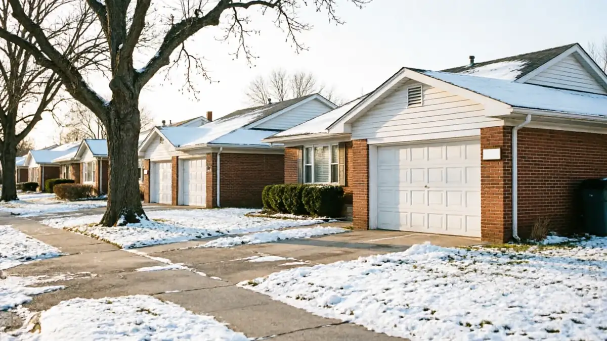 A row of brick houses with white garage doors and snow-covered roofs.