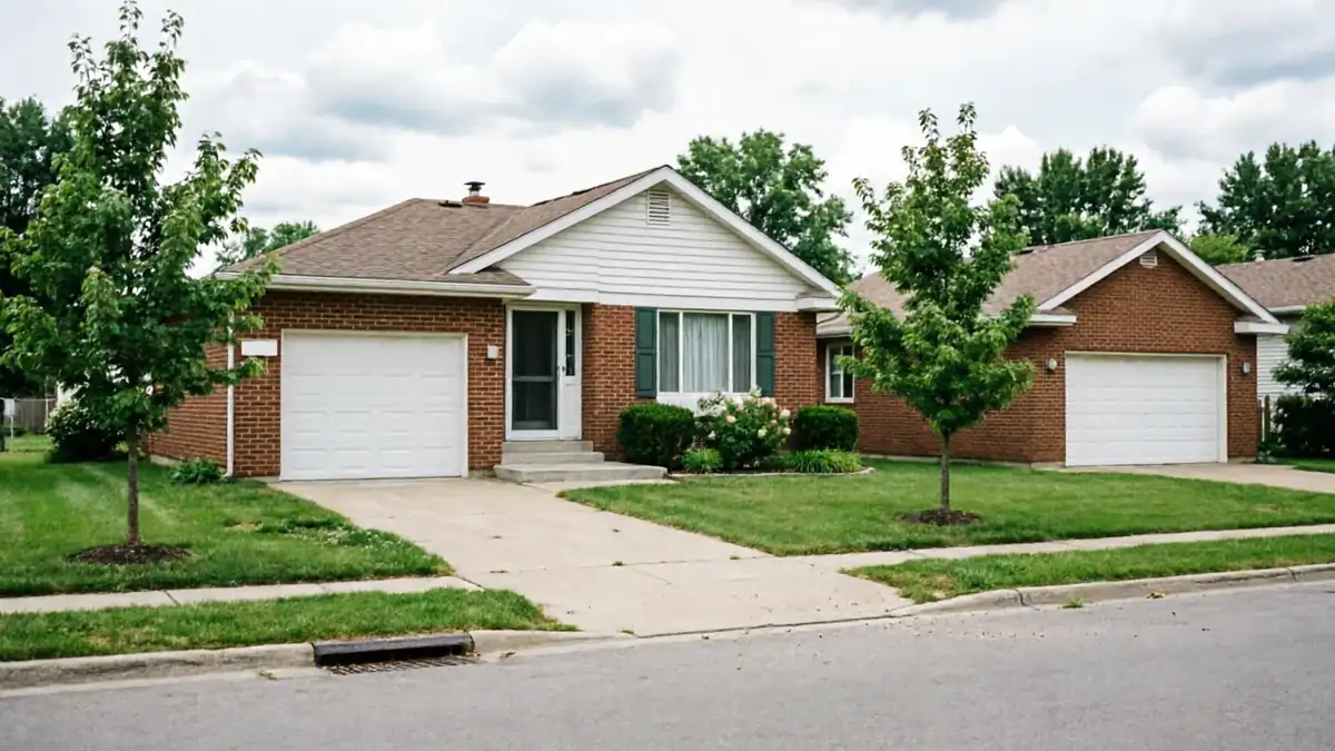 A brick house with a white garage door, green shutters, and a green lawn.