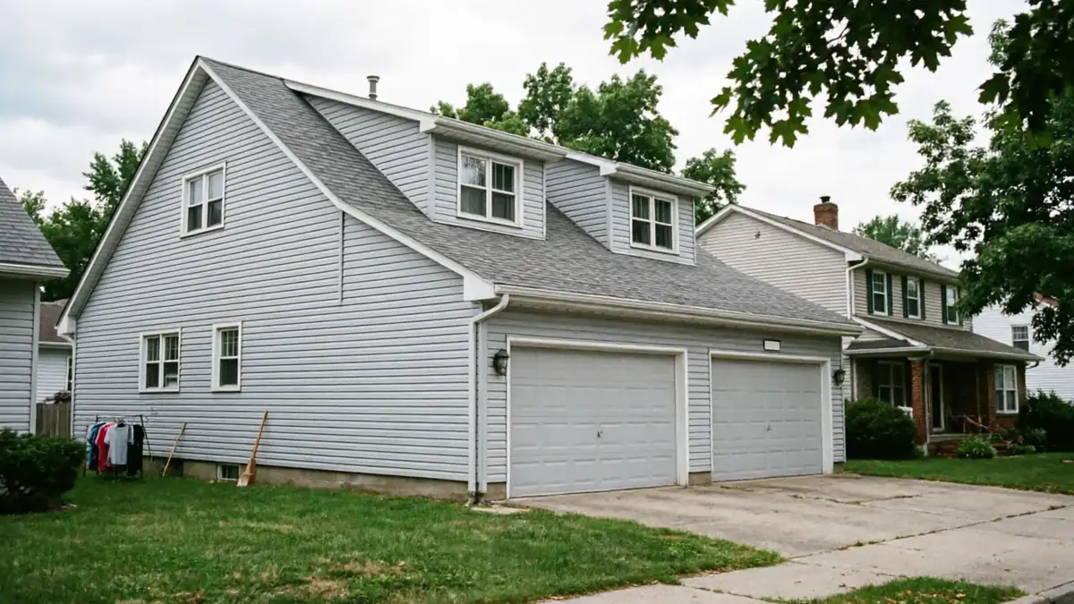A light gray house with two garage doors and a driveway.