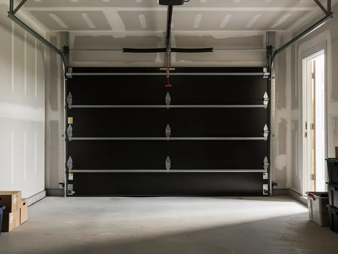 A closed black garage door is inside a garage with unfinished walls.