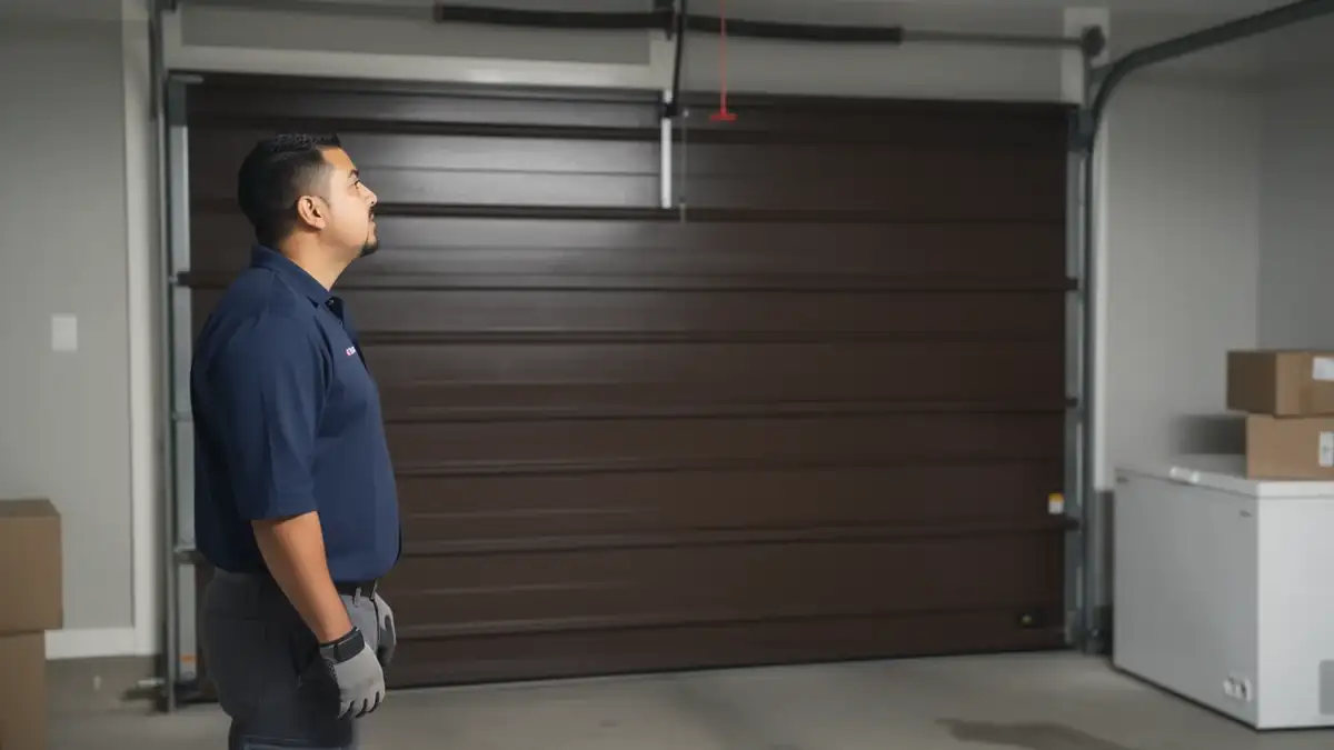 A technician in a blue shirt looks up at a brown garage door.