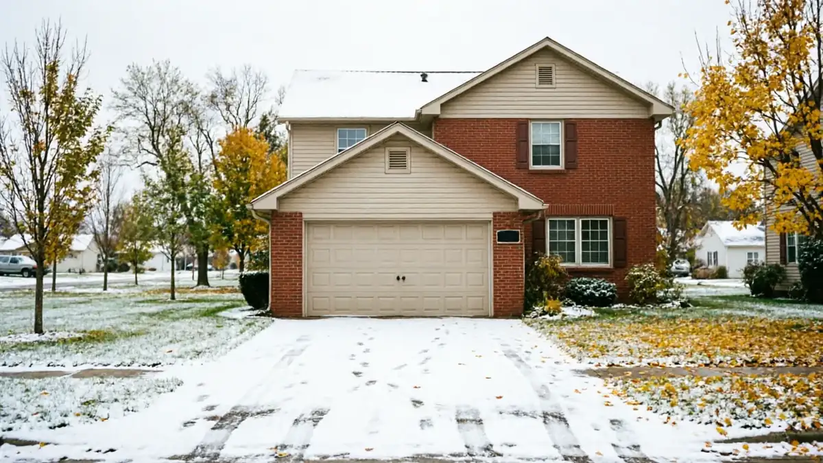 The house has a beige garage door, red brick, and a snow-covered roof and yard.